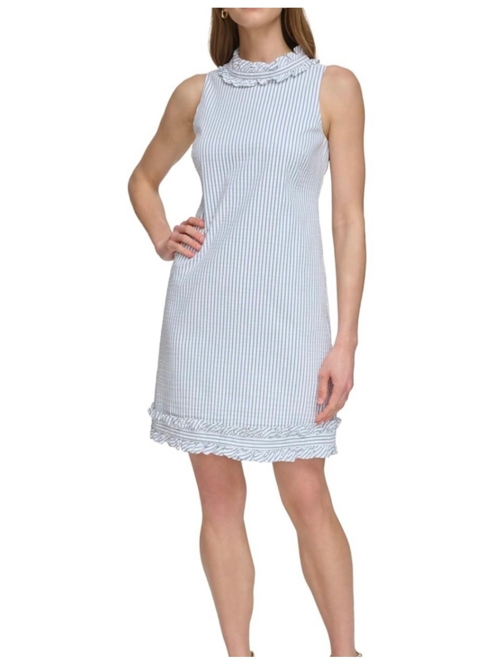 Eliza J Sleeveless Striped Shift Dress with Ruffle Details Size 10